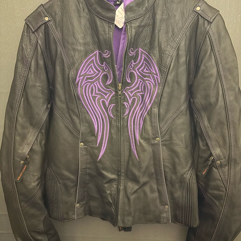 Women's Black Leather Jacket with Purple Embroidery